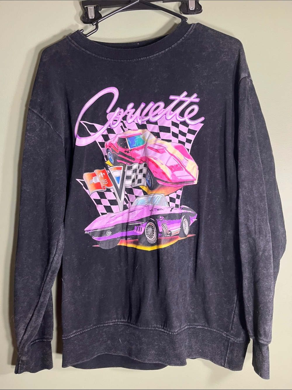 Chemistry Black Crewneck Sweatshirt with Pink and Purple Corvette Graphic